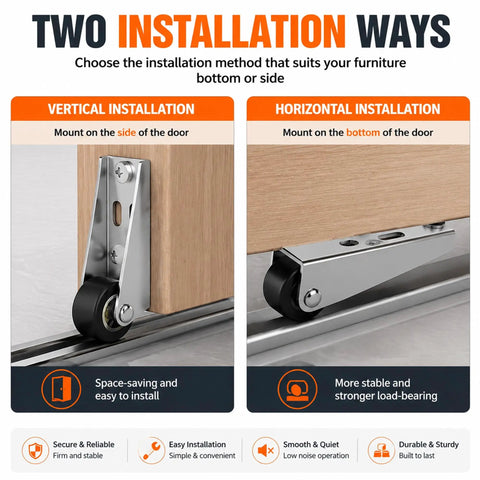 Two installation methods shown for Heavy Duty No Wobble Sliding Door Roller Wheels Vertical Track Bottom Support Fix For Barn Cabinet Gate And Furniture Stability Hardware Two Pack Smooth Ride Rollers Easy Install.