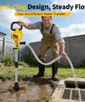 Man using Cordless Stick Water Transfer Pump With 21V Battery And Fast Charger, 78 Inch Hose, draining water into a grate.