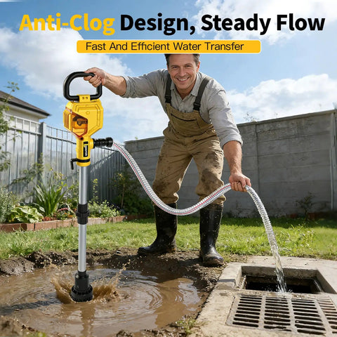 Man using Cordless Stick Water Transfer Pump With 21V Battery And Fast Charger, 78 Inch Hose, draining water into a grate.