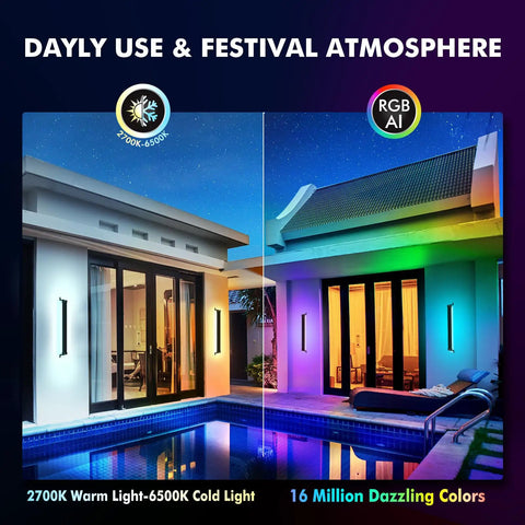 House exterior lit by RGB Wall Washer Lights 42W RGBCW Smart App Controlled Waterproof LED Light Bar, warm and cool tones