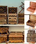 Wooden jewelry boxes in various styles; ornate and carved designs visible; mini, retro, and simple options on the side.