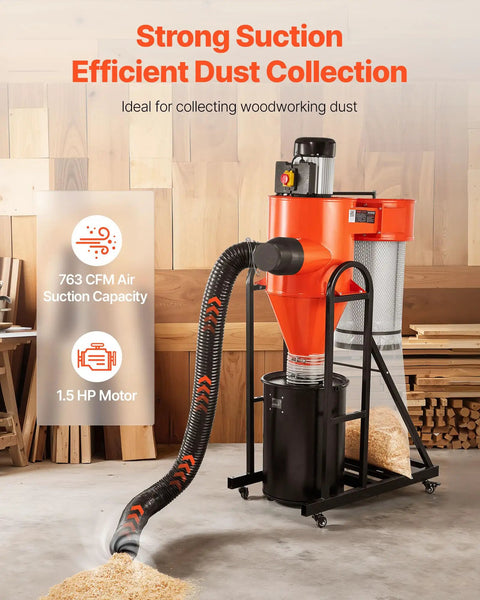 VEVOR 1.5HP Cyclone Dust Collector, 763 CFM High Suction Power With 12.5 Gallon Bag And Base Stand, Smart Woodworking Separator For Shop Cleanup in workspace