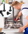 Man installing dishwasher with Stainless Steel Self Tapping Screws Kit With 380 Pieces Black Oxide TEK Screws For Metal