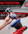9mm Dual Action Car Polisher Long Throw DA Buffer with polish being applied, 1000W power for scratch and swirl free detailing