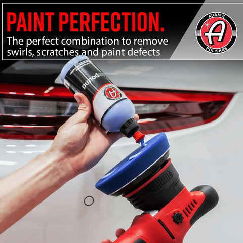9mm Dual Action Car Polisher Long Throw DA Buffer with polish being applied, 1000W power for scratch and swirl free detailing