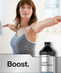 Woman practicing yoga next to Liquid Magnesium Supplement With 400 Mg Per Serving, Trace Mineral Complex Including Sulfate, Lithium, And Boron, Vegetarian Non GMO Gluten Free Drops For Everyday Wellness And Vitality bottle.