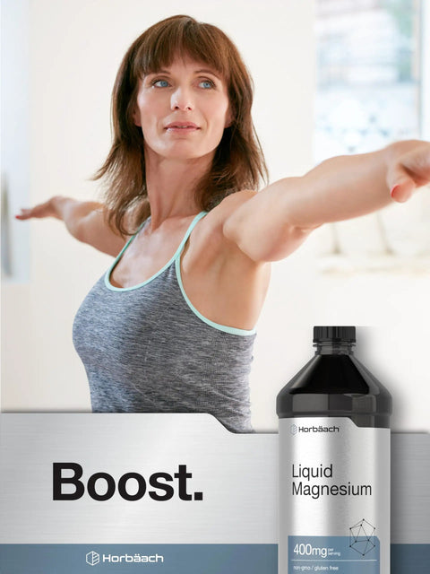 Woman practicing yoga next to Liquid Magnesium Supplement With 400 Mg Per Serving, Trace Mineral Complex Including Sulfate, Lithium, And Boron, Vegetarian Non GMO Gluten Free Drops For Everyday Wellness And Vitality bottle.