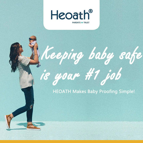 Mother holding baby with Heoath logo, text 'Keeping baby safe is your #1 job.' Related to 10 Pack Child Safety Cabinet Locks For Drawers, Fridge, Oven.