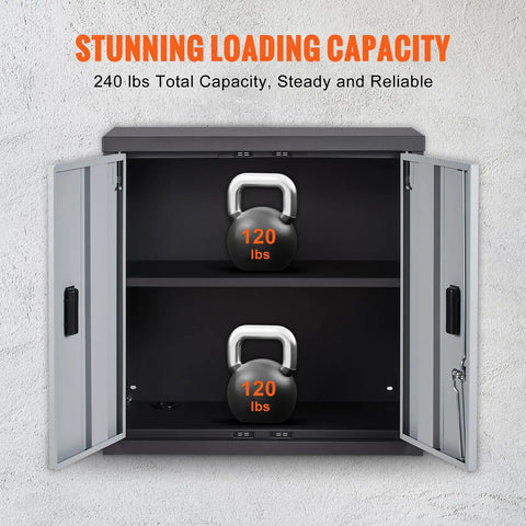Foldable Wall Cabinet For Garage And Home Workshop, Metal Wall Locker With 26 Inch Size, 240 Lb Capacity, Adjustable Shelf, Magnetic Door, Space Saving Mounted Tool Chest For Warehouse Office Black with open doors showing shelving and kettlebells inside.