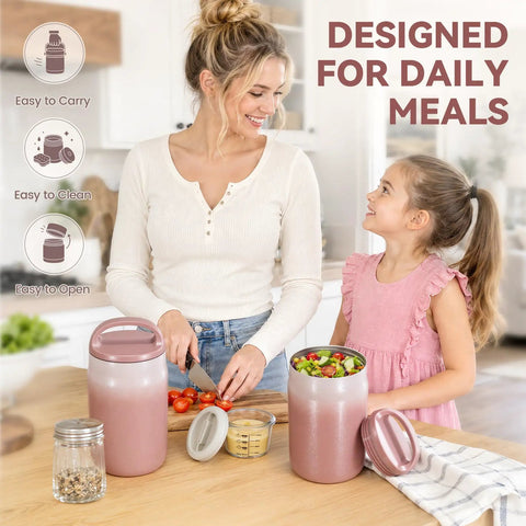 Big 27oz Wide Mouth Food Jar Made From Stainless Steel Keeps Your Grub Hot For Ten Hours Straight Up Leak Proof Performance Locks In Chill Till Midnight Perfect For Grab And Go Work Or School Vibes Pink with a woman and girl preparing meals.
