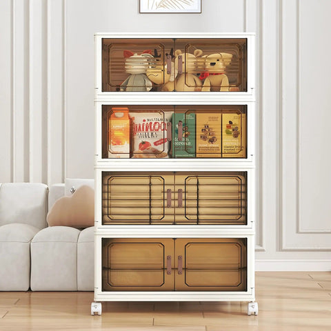 Extra Large Lockable Stackable Storage Bins With Lids On Wheels, 5-Tier Collapsible Plastic Organizer in cream color, front view.