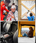 Collage showing 5 Pack Emergency Thermal Blankets Heavy Duty Mylar Space Blanket With All Weather Heat Retention in various scenarios