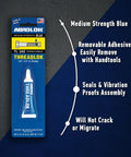 Medium Strength Thread Locker Blue Removable Sealant For Metal Fasteners Temperature Resistant Keeps Bolts Tight Against Vibration Easy To Remove With Hand Tools Long Lasting Bond For Automotive And Industrial Projects in product packaging.