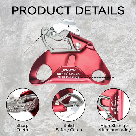 Close-up of red Chest Ascender Rope Grab Go-To Tree Climbing And Rappelling Gear Ultralight Durable Aluminum Alloy Rescue Equipment.