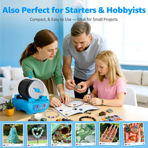 Kid Friendly Rock Tumbler Kit With Dual Noise Reduction, Timer, Three Speeds, And Memory Function in use by family on table.
