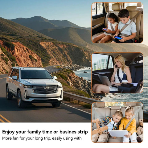 300W Car Power Inverter Switches 12V Dc To 110V Ac With Dual Outlets And Quick Charge Ports in use on a road trip, kids using devices.