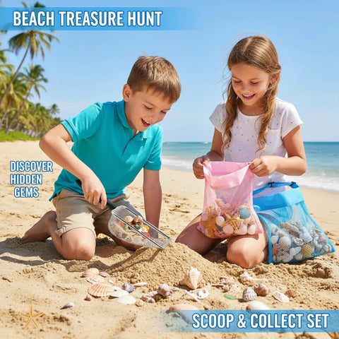 Children using Two Pack Shark Tooth Sifter Set With 3.8mm Mesh Sand Sifters And Shell Bags for beachcombing on sandy beach.