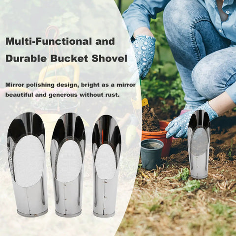 Three Size Bonsai Soil Scoops Set For Transplanting And Potting Plants Workhorse Metal Spade Shovels Perfect For Succulents Cacti Flowers Weeding And Edging Home Gardening Tool Kit In Silver next to garden scene
