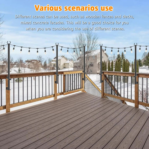 4 Ft Outdoor String Light Poles, 2 Pack, Freestanding Deck Patio Hanging Poles With Fixing Clips shown on a snowy deck