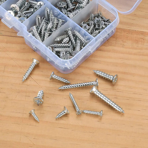 250G Self Tapping Screws Assortment Kit For Wood And Metal M3 M4 M5 displayed in a compartment box on a wooden surface