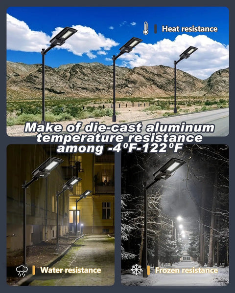 Powerful 300W Solar Street Light With 20000 Lumens in various weather conditions showing durability and resistance
