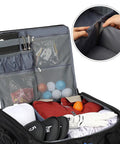 Open view of Two Layer Car Trunk Organizer With Ventilated Shoe Compartment Holds Two Pairs Of Golf Shoes And Gear Travel Storage.