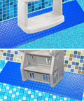 Blue 36 Inch By 9 Inch Non Slip Pool Ladder Pad Mat With Protective Cushion Between Ladder Base And Pool Liner installed by pool.