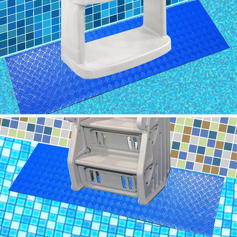 Blue 36 Inch By 9 Inch Non Slip Pool Ladder Pad Mat With Protective Cushion Between Ladder Base And Pool Liner installed by pool.