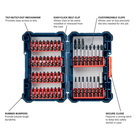 Impact Tough 48-Piece Screwdriver Bit Set Boss-Grade With Tilt In Tilt Out Custom Case System open, showing bit arrangement.