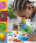 Light-Up Microscope Toy For Kids With Glow Reveal And 9 Accessories In 5 Colors, Electronic Preschool Science Set For Girls And Boys, Includes Nature-Themed Playmat, Battery-Operated Back-To-School Gift For Ages 3 And Up, child using toy