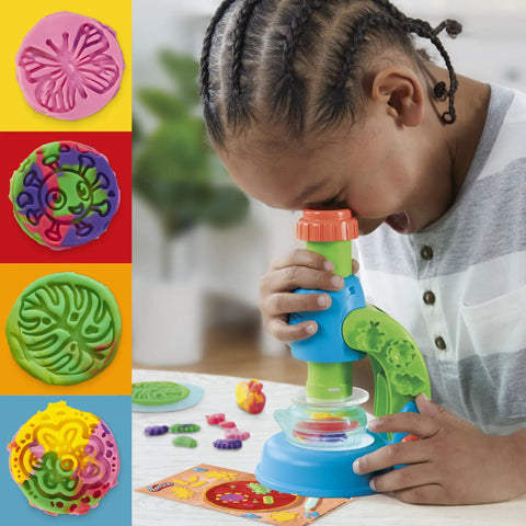 Light-Up Microscope Toy For Kids With Glow Reveal And 9 Accessories In 5 Colors, Electronic Preschool Science Set For Girls And Boys, Includes Nature-Themed Playmat, Battery-Operated Back-To-School Gift For Ages 3 And Up, child using toy