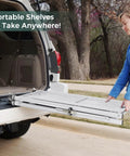Three Tier Foldable Storage Shelves With Wheels No Assembly Rolling Cart For Kitchen Garage Basement And Pantry White Freestanding Metal Wire Rack folded flat into SUV