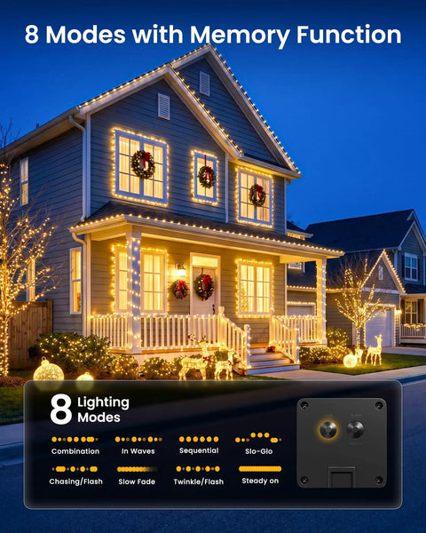 Two Pack 66 Ft Solar Fairy Lights With 200 LEDs In Warm White Outdoor Waterproof String Lights With 8 Modes For Patio