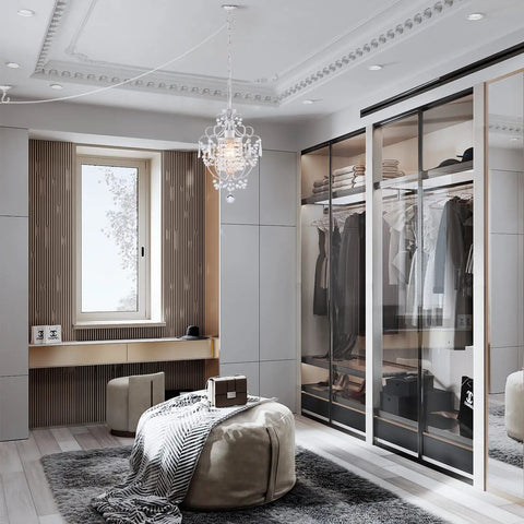 Plug In Mini Crystal Chandelier, White Retro Ceiling Light, Small Crystal Chandelier For Girls Bedroom in a stylish closet space