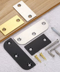 Three 3.5-inch hinge filler plates in gold, silver, black, and chrome with screws for door edge/deadbolt cover