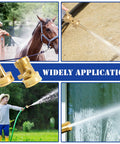 Two Pack Heavy Duty Brass Hose Nozzles With Two Shutoff Valves High Pressure Jet Nozzles spraying water at different scenarios
