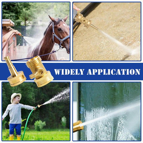 Two Pack Heavy Duty Brass Hose Nozzles With Two Shutoff Valves High Pressure Jet Nozzles spraying water at different scenarios