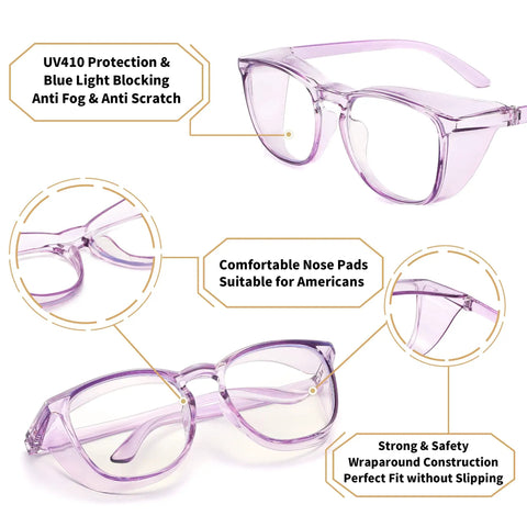 Slick Anti Fog Safety Goggles With Clear Polycarbonate Lenses And Blue Light Blocking Coating That Shields Your Vision From Digital Strain Without The Hassle For Men And Women In Sleek Transparent Purple, highlighting features and design.