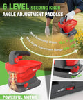 Battery Powered Fertilizer Spreader For Salt Deicer And Lawn Care, adjustable angles, with grip handle on grass.