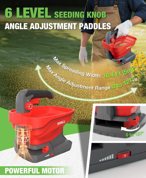 Battery Powered Fertilizer Spreader For Salt Deicer And Lawn Care, adjustable angles, with grip handle on grass.