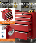 Five Drawer Rolling Tool Chest With Wheels And Central Lock System, Pro Grade Secure Storage Cabinet For Warehouse, Workshop, And Repair Shop, Portable Tool Box On Casters, Heavy Duty Red shown with drawers open