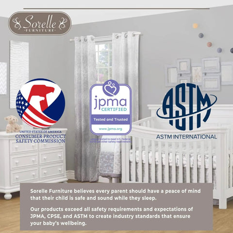 Mia Toddler Rail For Convertible Crib In Natural Wood Safe Transition Guardrail JPMA Certified displayed with safety logos in nursery