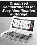 180 Piece Rubber Grommet Kit Assorted Eight Sizes For Automotive Wiring organized in compartment box with size chart