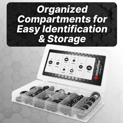 180 Piece Rubber Grommet Kit Assorted Eight Sizes For Automotive Wiring organized in compartment box with size chart