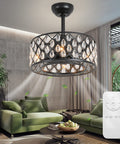 Bladeless Ceiling Fan With Crystal Cage Lights, Industrial Flush Mount Fandelier for Bedroom, 17.7 Inch Black Remote Control