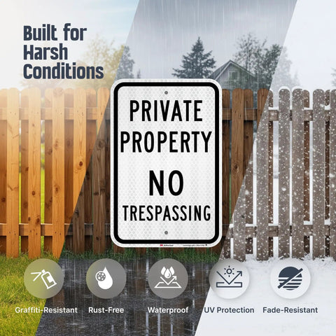 Premium Private Property No Trespassing Sign 12 X 18 Inches Reflective Aluminum Yard Board in harsh weather conditions.