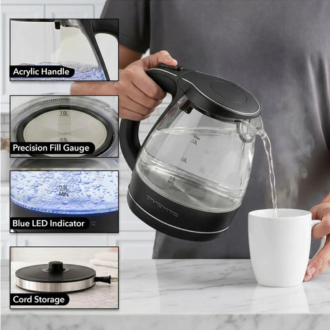 Person using 1.5L Borosilicate Glass Electric Kettle With Auto Shut Off, Boil Dry Protection, BPA Free, Black Finish, Blue LED Halo.
