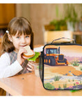 Child eating beside Insulated Lunch Container With Buckle For School And Office Use, Cartoon Road Roller Desert Theme