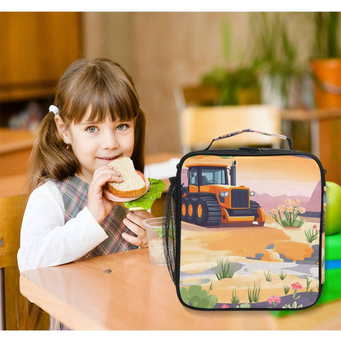 Child eating beside Insulated Lunch Container With Buckle For School And Office Use, Cartoon Road Roller Desert Theme