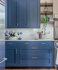 Brushed Brass Cabinet Handles 10 Pack 3 Inch Hole Centers Zinc Gold Drawer Pulls for cupboard and dresser on navy cabinets